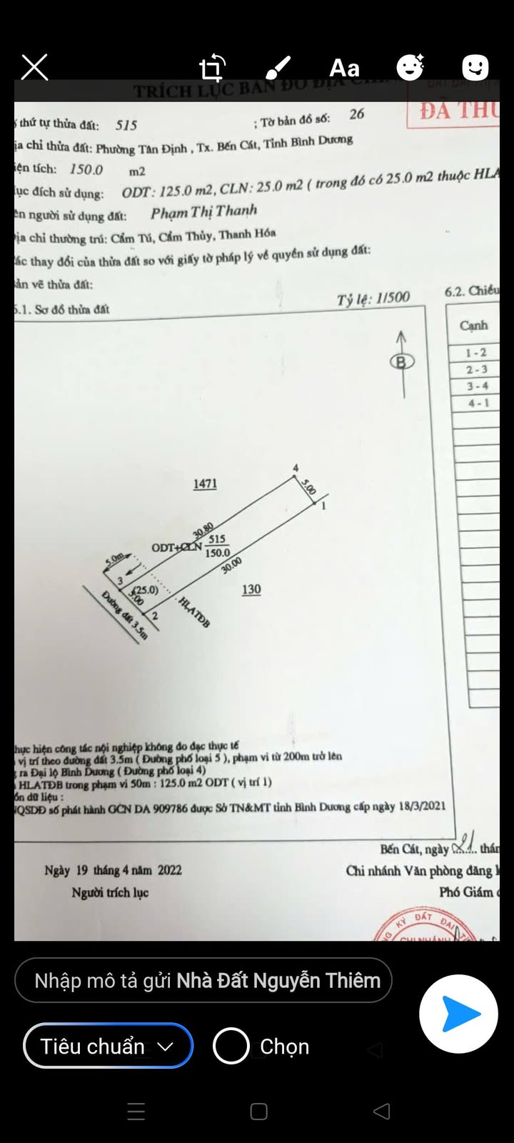 Đất thổ cư 125m² tại Tân Định, Tân Uyên giá 1.9 tỷ - Đường nhựa thông ra chợ