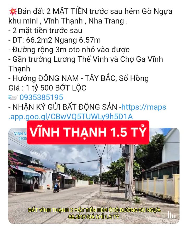 Đất 2 mặt tiền Gò Ngựa, Vĩnh Thạnh, Nha Trang 66.2m² - Giá 1.5 tỷ, thương lượng!
