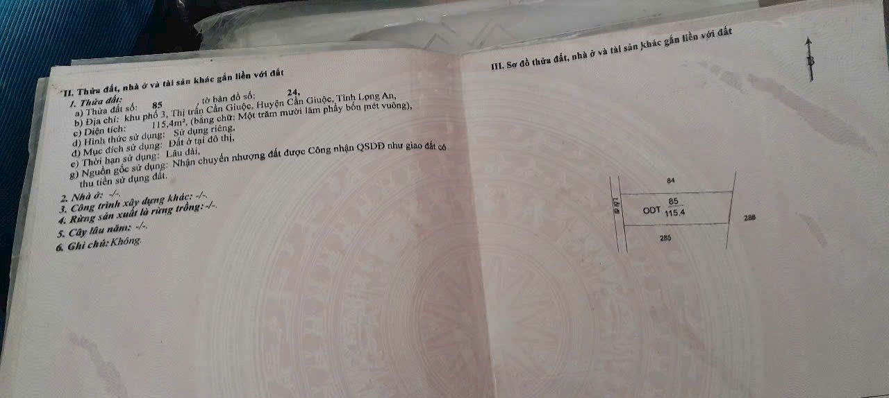 Đất thổ cư khu phố 3, thị trấn Cần Giuộc 115m² giá 1.2 tỷ - Cơ hội đầu tư hiếm có!