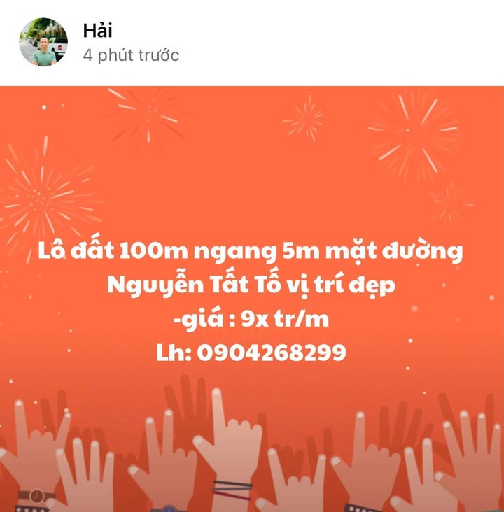 Đất nền mặt đường Nguyễn Tất Tố, quận Lê Chân, 100m² - Vị trí đẹp, giá chỉ 9x triệu!