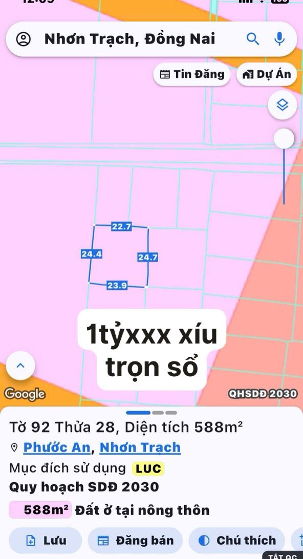 Đất nền xã Phước An, Nhơn Trạch 588m² giá 1 tỷ - Sổ đỏ chính chủ, đầu tư sinh lời!