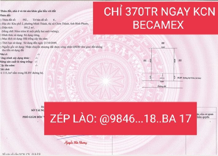 Đất nền Chơn Thành 510m² giá chỉ 370 triệu - Đầu tư sinh lời tuyệt vời!