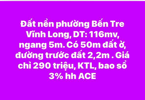 Đất nền 116m² tại Thanh Tân Bến Tre, giá chỉ 290 triệu - Sổ đỏ chính chủ!