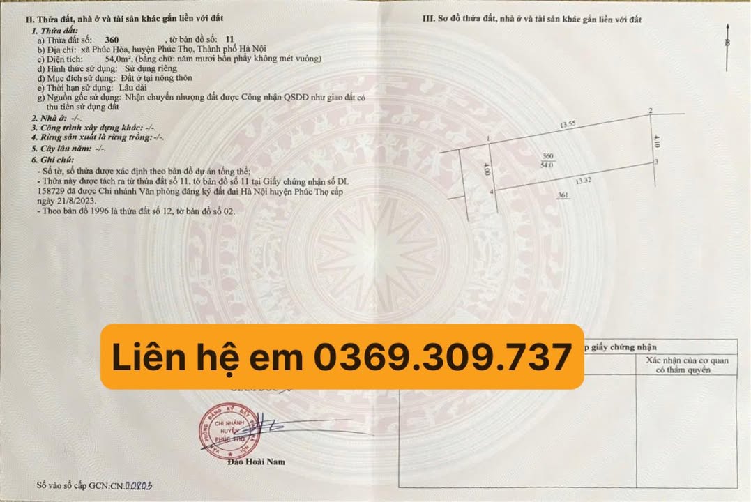 Đất nền Phúc Hòa, Phúc Thọ 54m² giá 1.3 tỷ - Sổ đỏ chính chủ, vượng khí tốt!