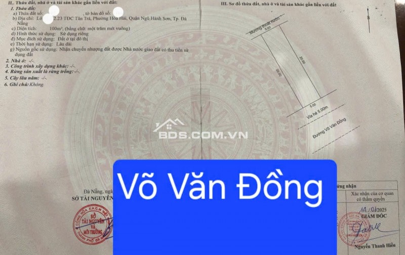 Đất nền đường Võ Văn Đồng, Ngũ Hành Sơn 100m² giá 6.6 tỷ - Gần bãi tắm Tân Trà!