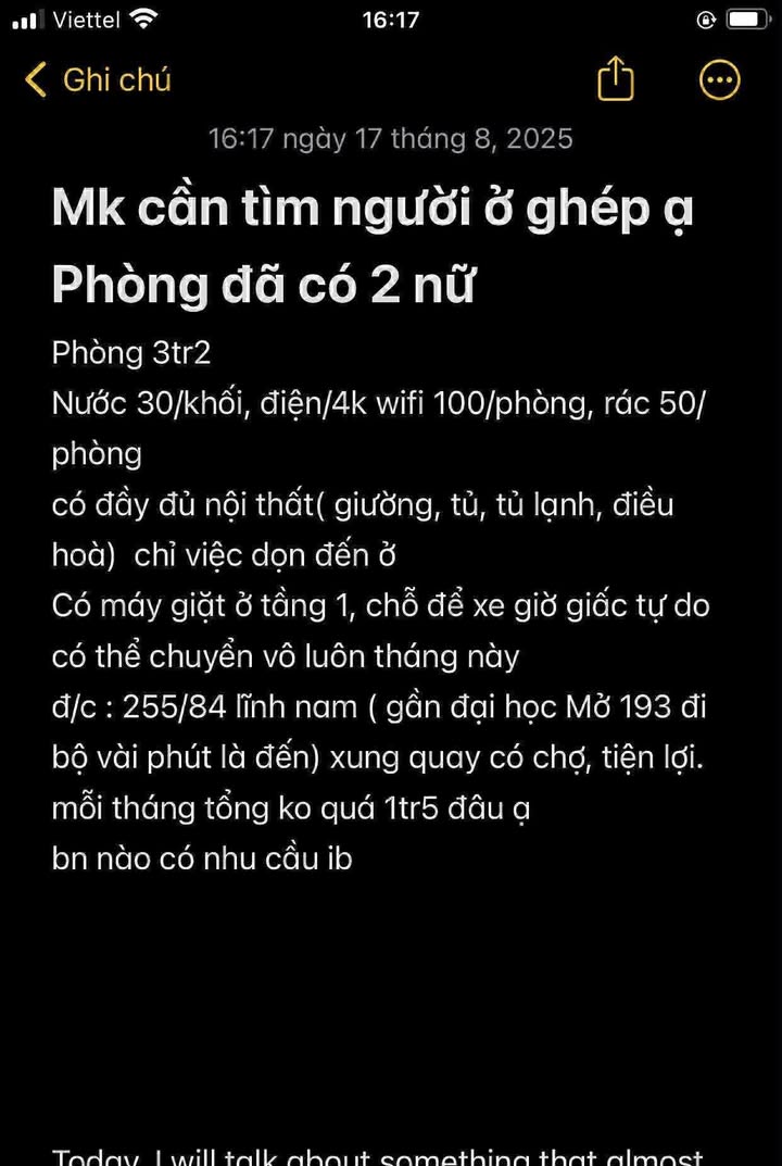 Phòng cho thuê ở Lĩnh Nam, Hoàng Mai - Giá thỏa thuận hấp dẫn!