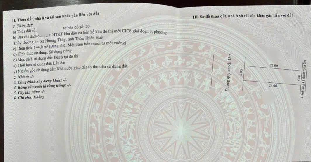 Đất nền Thủy Dương 144m² giá 3.715 tỷ - Cơ hội đầu tư hấp dẫn!