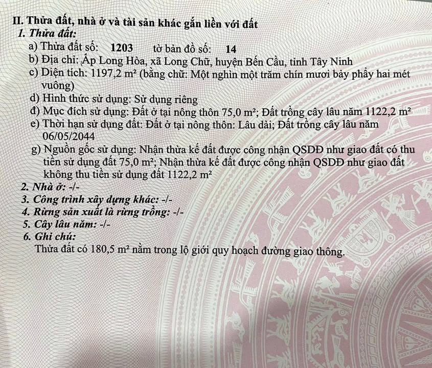 Đất nền Bến Cầu 1197m² - Mặt tiền rộng, gần UBND Long Chữ!