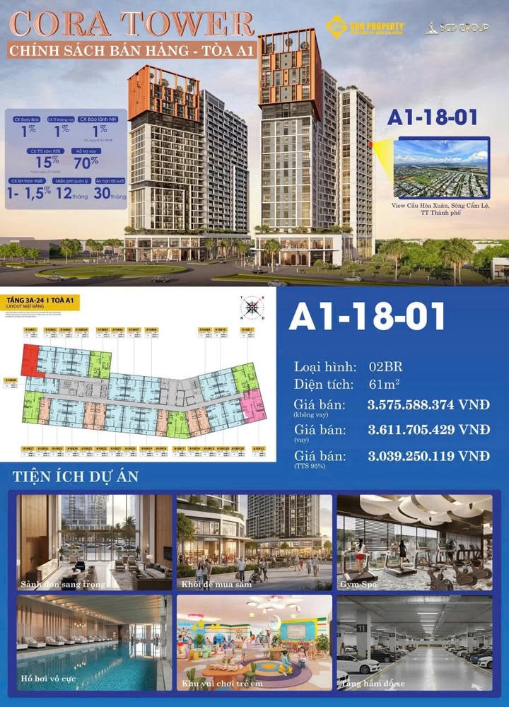 Căn hộ Cora Tower Đà Nẵng 61m² giá 3 tỷ - Tầng 18 view sông tuyệt đẹp!