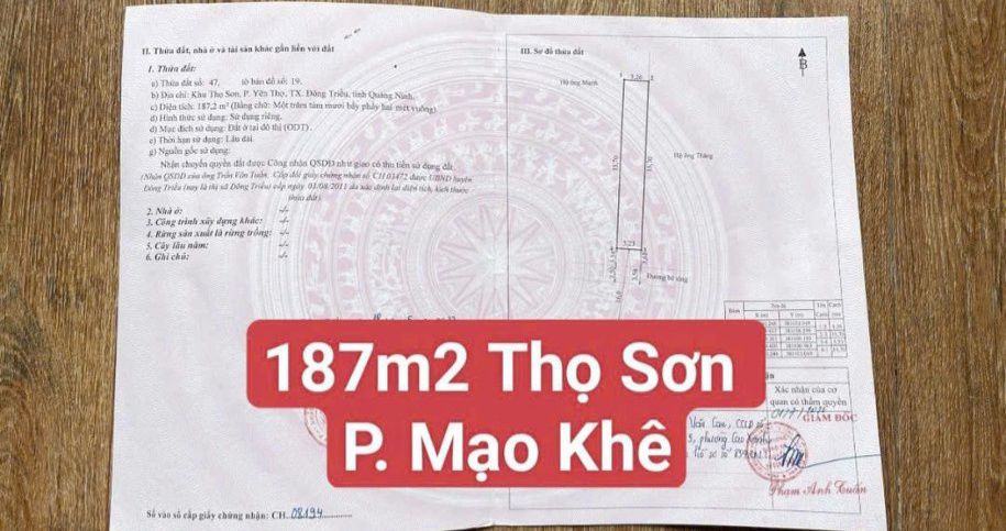 Đất nền Yên Thọ Đông Triều 187m² giá 800 triệu - Cơ hội đầu tư tuyệt vời!