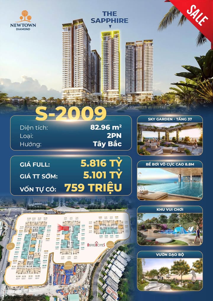 Căn hộ Newtown Diamond Đà Nẵng 82.96m² giá 759 triệu - View đẹp chéo biển!