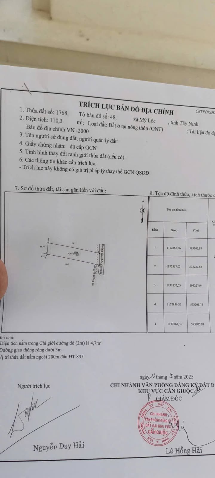 Đất thổ cư xã Mỹ Lộc 110m² giá chỉ 700 triệu - Sổ hồng riêng, xây dựng tự do!