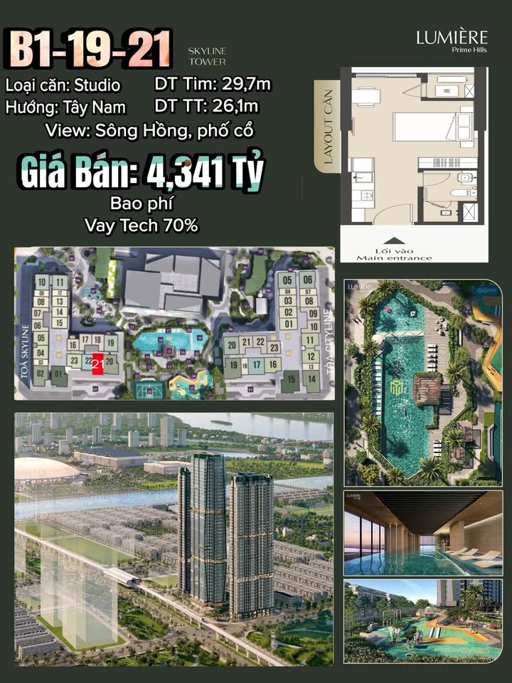 Căn hộ Studio Lumière Prime Hills 25m² giá 3.844 tỷ - Tầm nhìn Sông Hồng tuyệt đẹp!