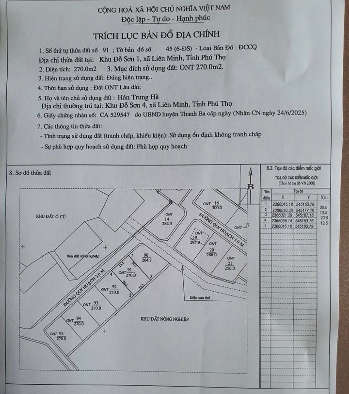 Đất Khu Đỗ Sơn 1, Thanh Ba, Phú Thọ 270m² - Giá thỏa thuận tốt!