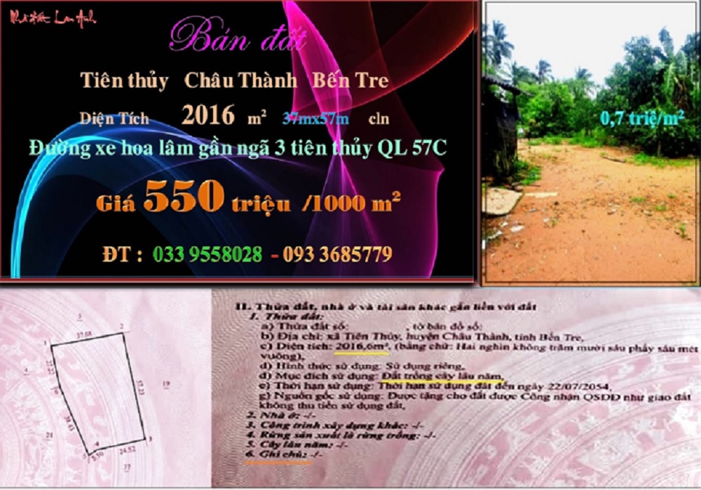 Đất Tiên Thủy, Châu Thành, Bến Tre 2016m² giá 1.1 tỷ - Đầu tư sinh lời ngay!