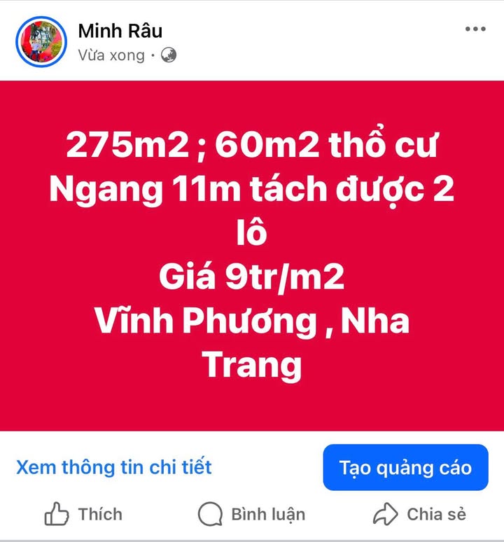 Đất thổ cư Vĩnh Phương, Nha Trang 275m² chỉ 2.475 tỷ - Cơ hội đầu tư tuyệt vời!