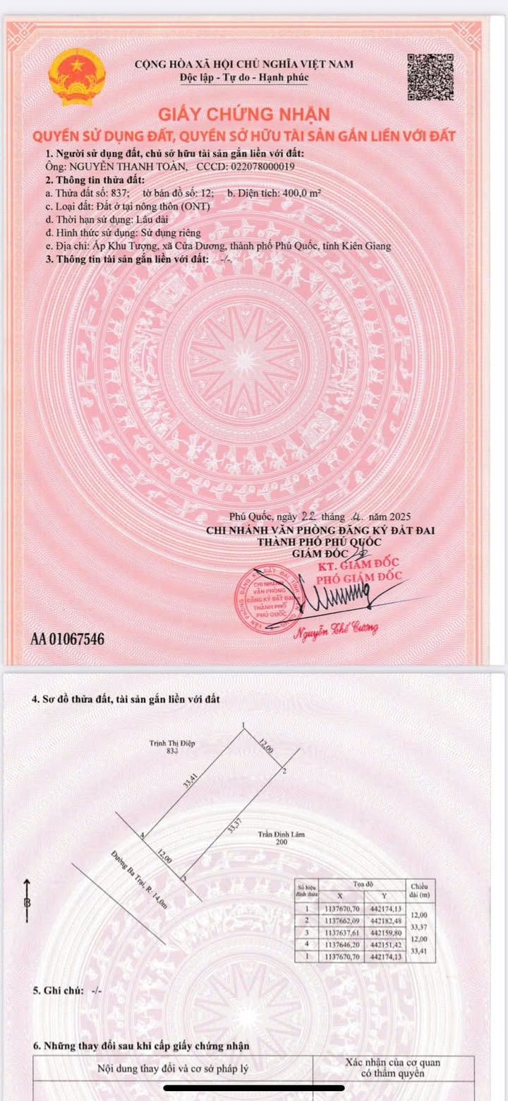 Lô đất mặt tiền đường 3 Trại, Cửa Dương, Phú Quốc 400m² giá 4.9 tỷ - Đầu tư sinh lời lý tưởng!