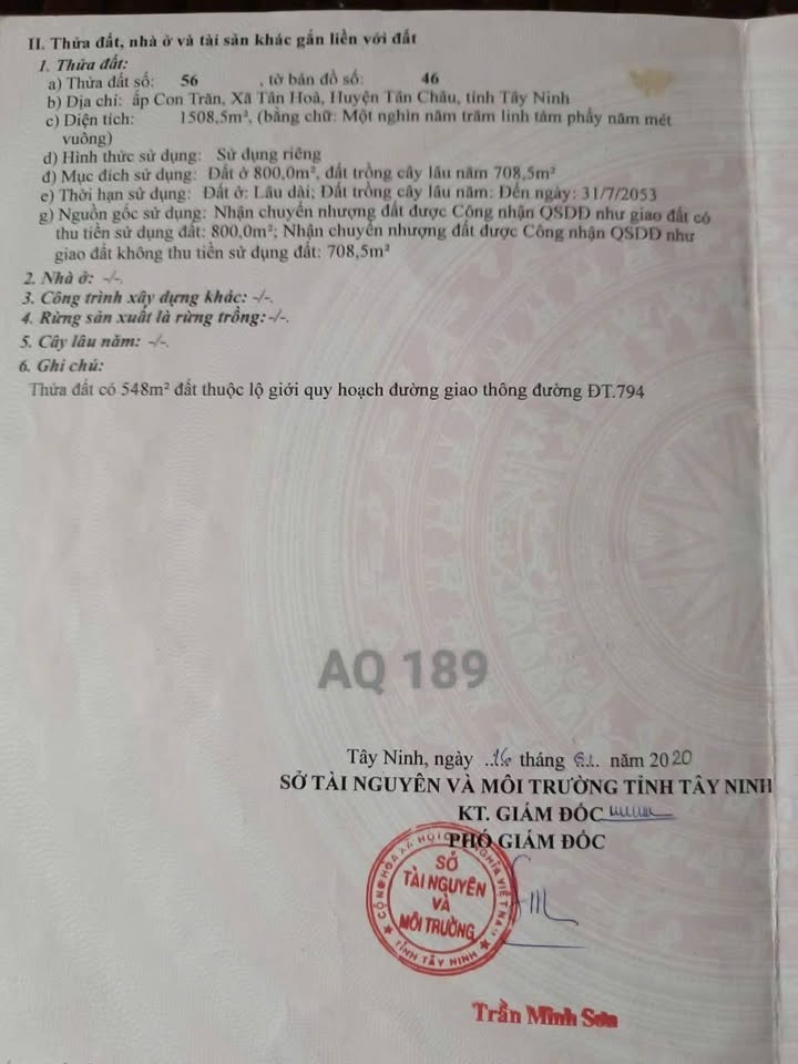 Đất thổ cư 800m² ĐT794 Tân Hòa, Tân Châu - Khu dân cư đẹp, giá hợp lý!