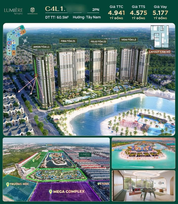 Căn hộ LUMIERE SpingBay Văn Giang 60.5m² giá 4.575 tỷ - Cơ hội cuối cùng sở hữu căn 2 phòng ngủ!