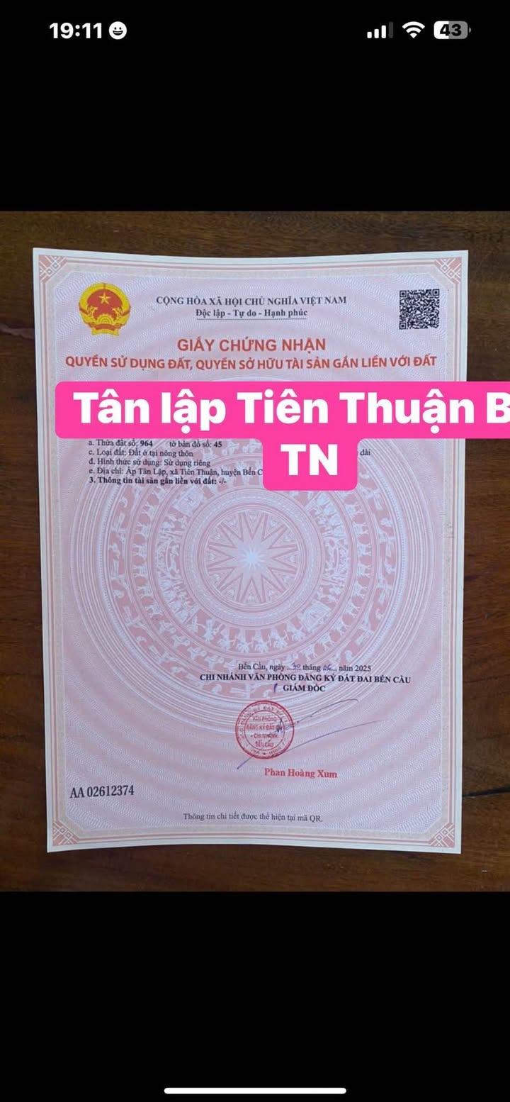 Đất thổ cư Bến Cầu 252m² giá chỉ 260 triệu - Cơ hội đầu tư hấp dẫn!