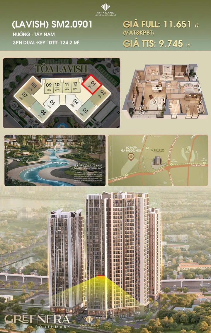 Căn hộ 3PN Greenera Southmark 124m² giá 9.745 tỷ - Không gian sống xanh lý tưởng!