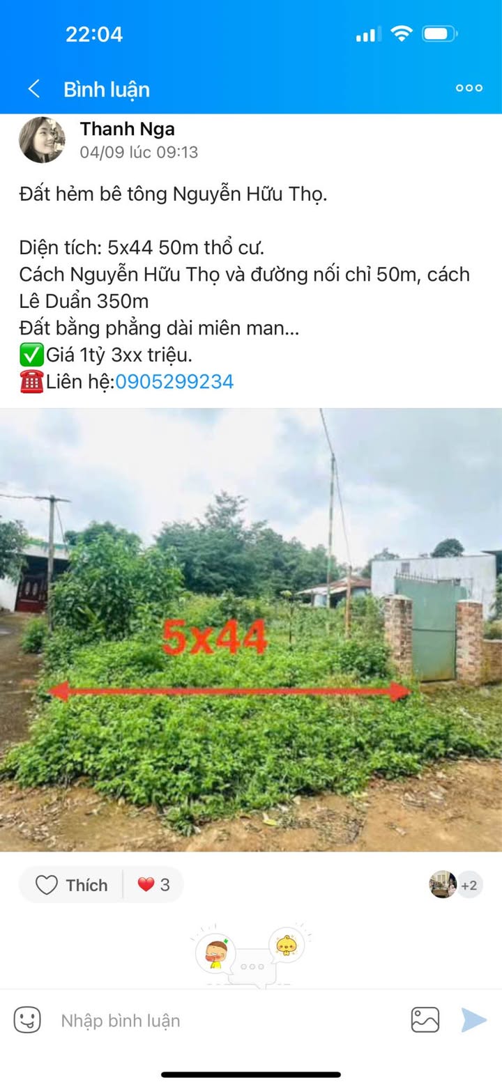 Đất thổ cư hẻm chính Nguyễn Hữu Thọ, 220m² giá chỉ 1.3 tỷ - Cơ hội đầu tư vàng!