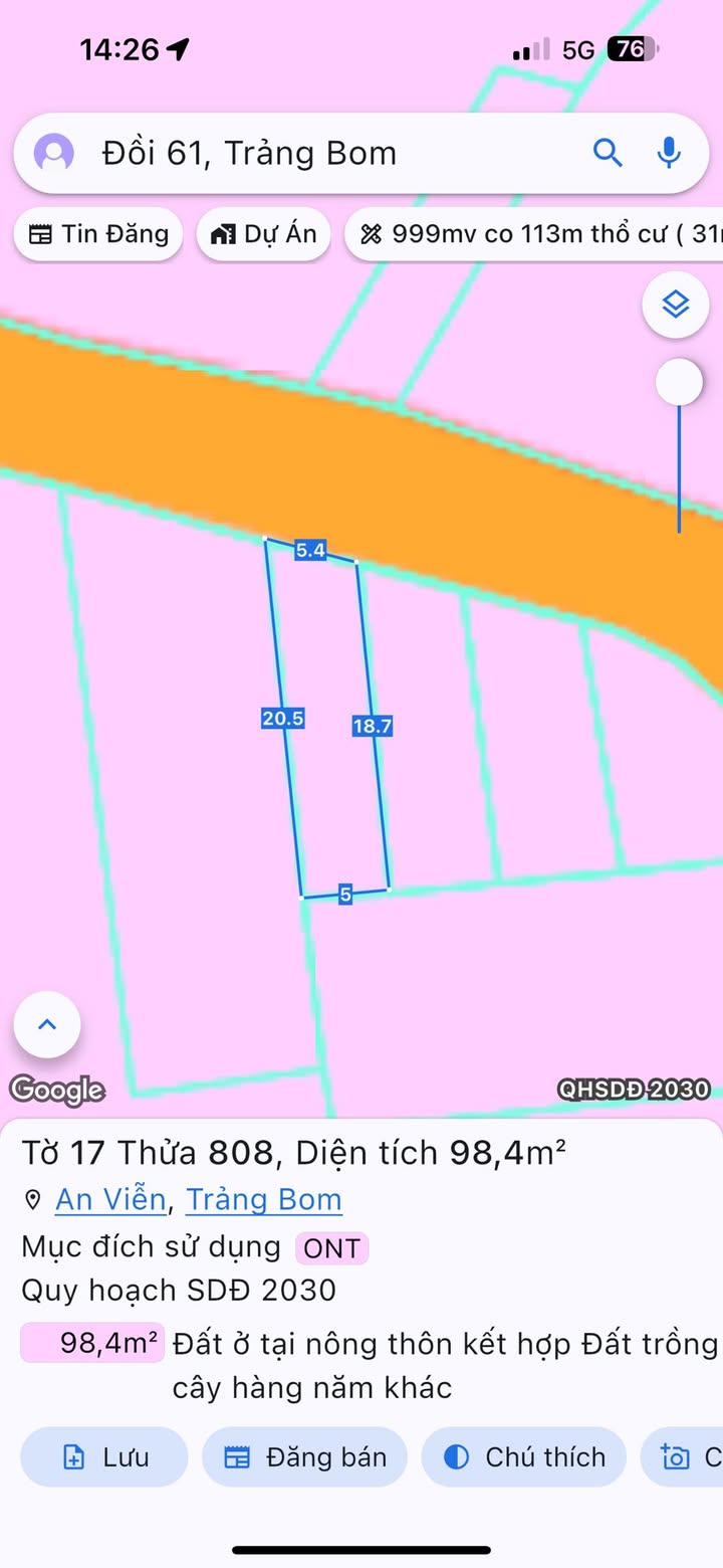 Mặt tiền kinh doanh Đường Xã Đồi 61 Trảng Bom 93m² giá 1.2 tỷ - Đầu tư sinh lời ngay!