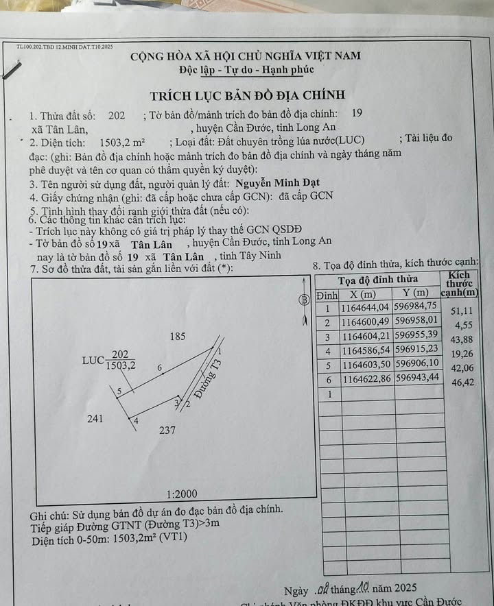 Đất lúa 1503m² mặt tiền đường xe hơi 4m tại Tân Lân - Sổ đỏ chính chủ