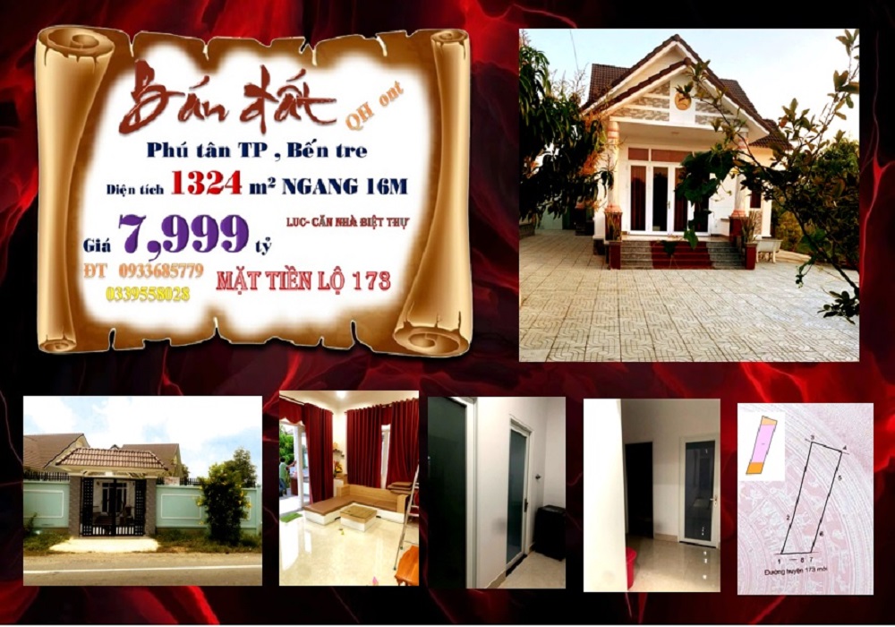 Đất + Nhà Phú Tân Bến Tre 1324m² giá 8 tỷ - Đầu tư sinh lời ngay!