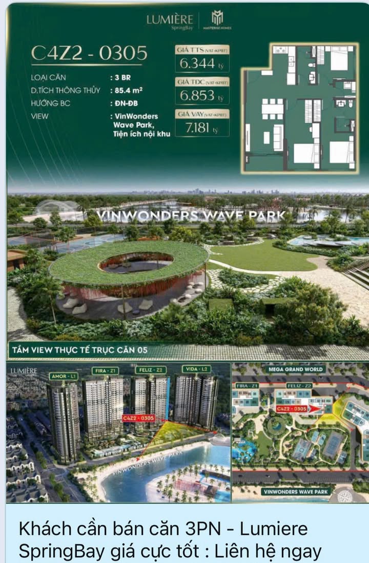 Căn hộ 3 ngủ Lumiere Spring Bay Tòa Z2 Feliz 85m² - Giá thỏa thuận hấp dẫn!