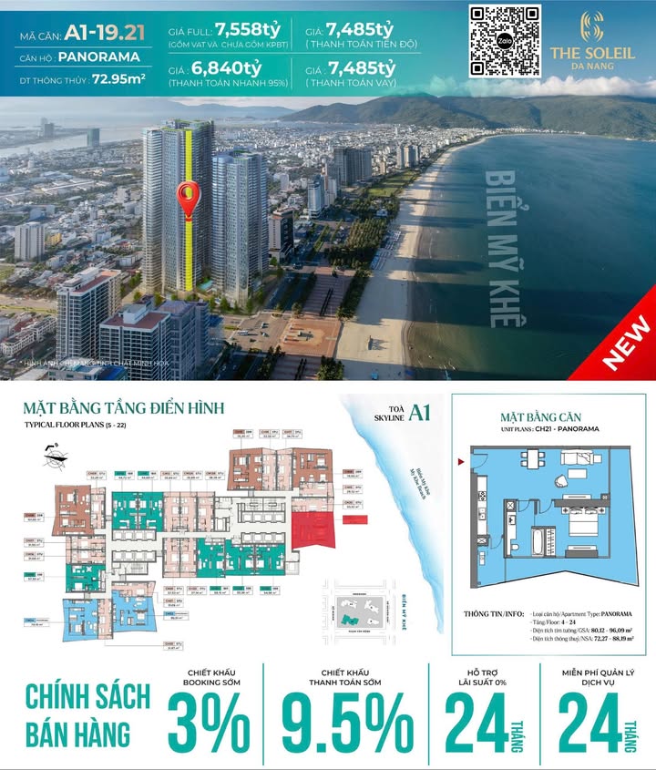 Căn hộ The Soleil Đà Nẵng 73m² giá 6.84 tỷ - Tầm nhìn biển Mỹ Khê tuyệt đẹp!