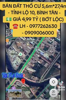 Đất thổ cư 153m² tại Tỉnh Lộ 10, Bình Tân - Giá 4.99 tỷ - Tiềm năng phát triển cao!