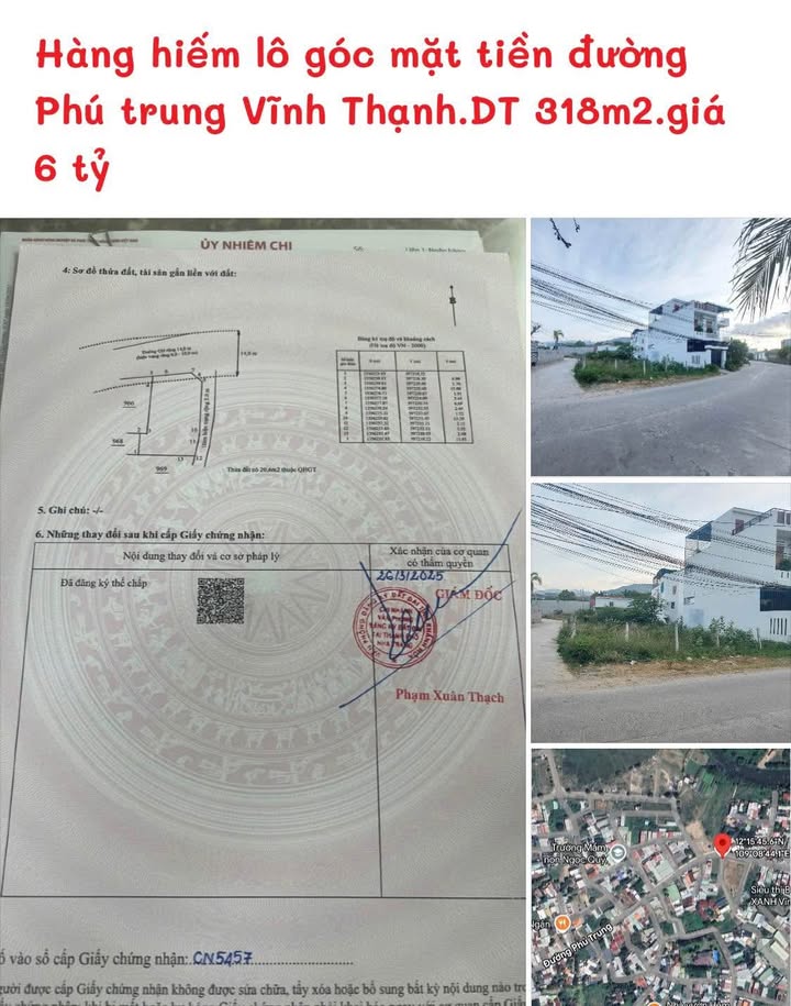 Đất nền mặt tiền đường Phú Trung, Vĩnh Thạnh 318m² giá 6 tỷ - Lô góc hiếm có!