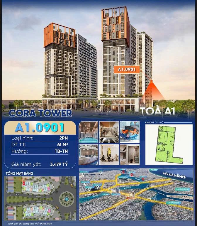 Căn hộ 2PN Cora Tower Đà Nẵng 61m² giá 3.479 tỷ - Sở hữu ngay view biển tuyệt đẹp!