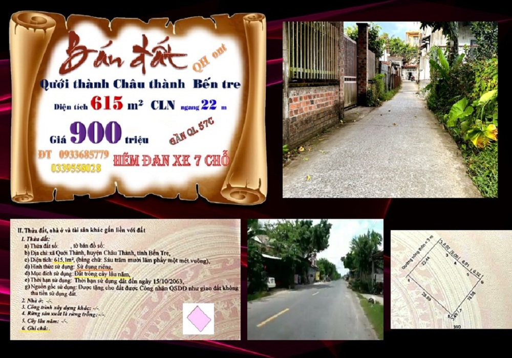 Đất nền Quới Thành, Châu Thành, Bến Tre 615m² giá 900 triệu - Cơ hội đầu tư hấp dẫn!