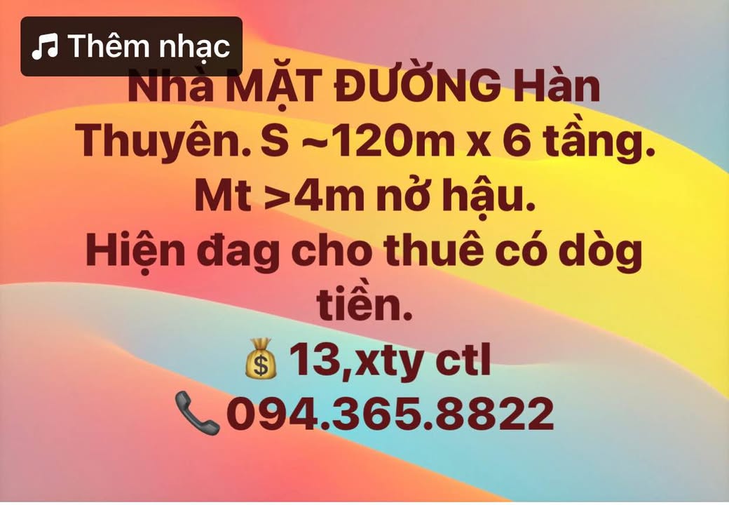 Nhà mặt tiền đường Hàn Thuyên, 120m², 6 tầng - Đầu tư sinh lời ngay!
