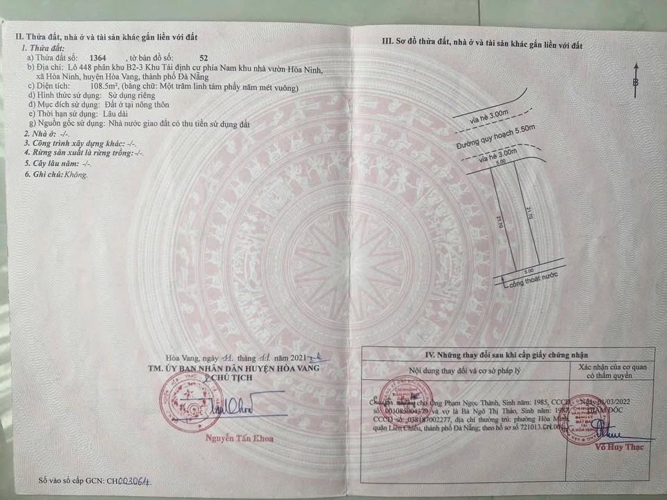 Đất TĐC Nam nhà vườn Hòa Ninh Đà Nẵng 108.5m² - Sổ đỏ chính chủ, giá thỏa thuận!
