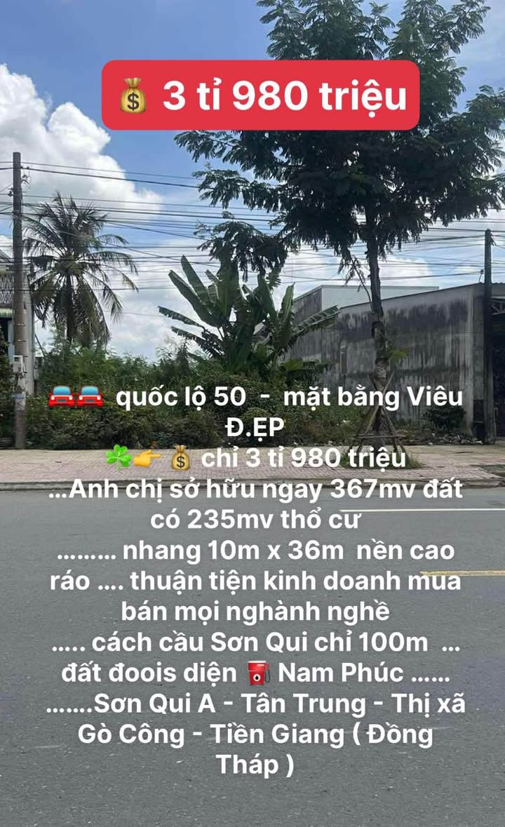 Đất nền Tân Trung Gò Công 367m² giá 3.98 tỷ - Mặt tiền Quốc lộ 50, Kinh doanh thuận lợi!