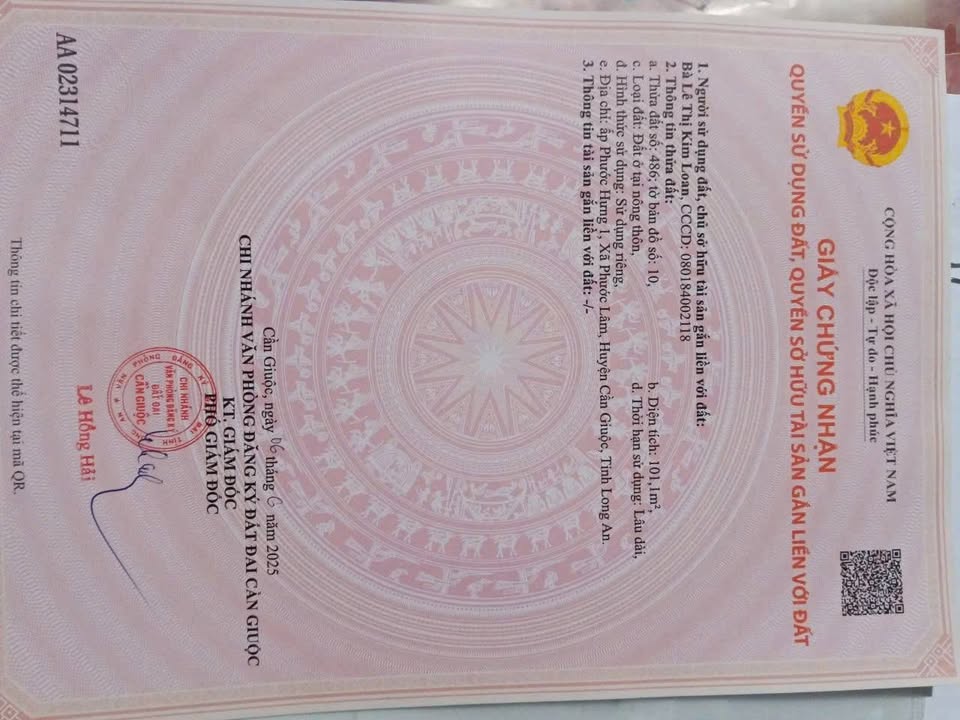 Đất thổ cư 101m² tại xã Mỹ Lộc, Cần Giuộc - Giá 639 triệu, sổ hồng chính chủ!