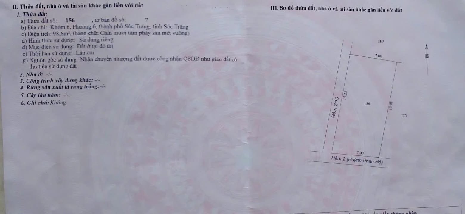 Đất nền góc 2 mặt tiền Hẻm 2 Huỳnh Phan Hộ, Sóc Trăng 99.4m² - Vị trí trung tâm, giá tốt!