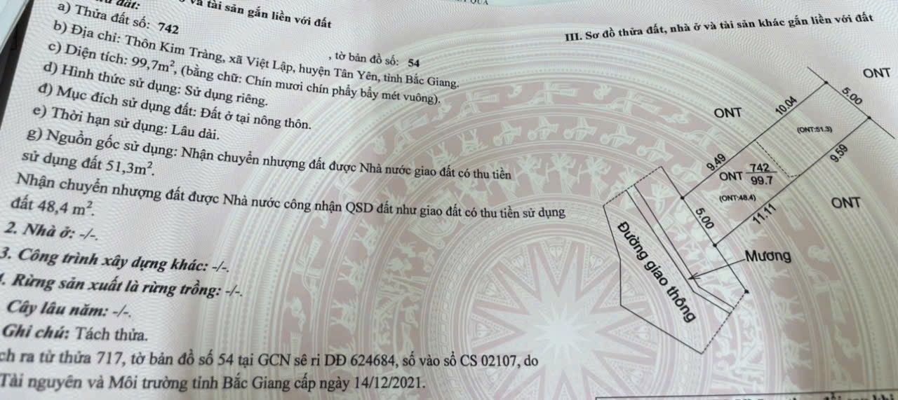 Lô đất thổ cư Thôn Kim Tràng, Tân Yên 99.7m² giá cực mềm - Chính chủ cần bán gấp!