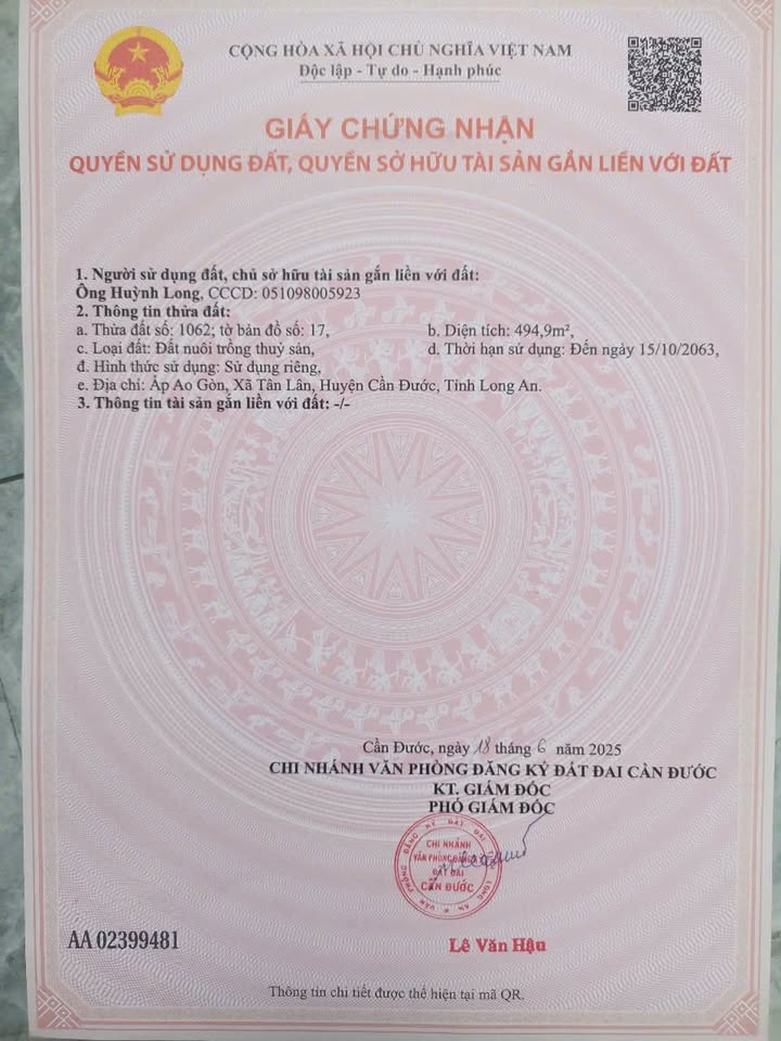 Đất thổ cư 500m² mặt tiền Quốc lộ 50, xã Tân Lân, Cần Đước - Giá tốt chỉ 6.5 tỷ!