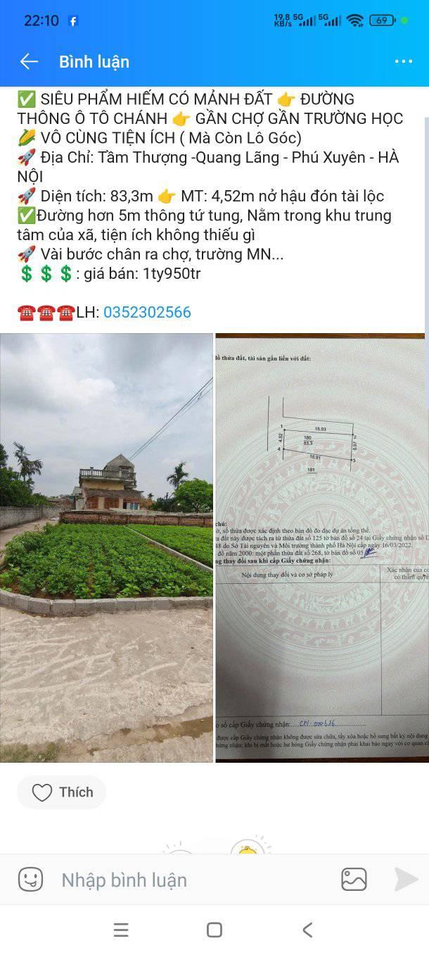 Đất nền Tầm Thượng, Quang Lãng, Phú Xuyên 83.3m² giá 1.95 tỷ - Lô góc, ô tô vào tận nơi!