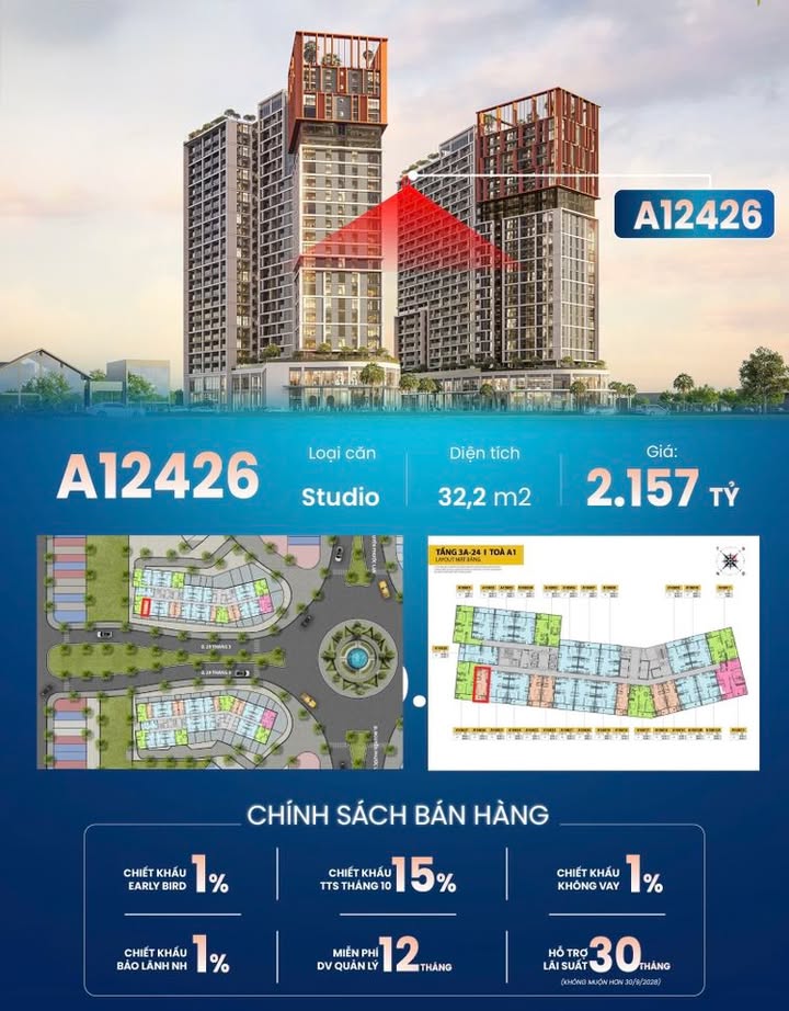 Căn hộ Studio 32m² tại Toà A1 Sun Cora Tower Đà Nẵng giá 1.95 tỷ - Sẵn sàng đầu tư!