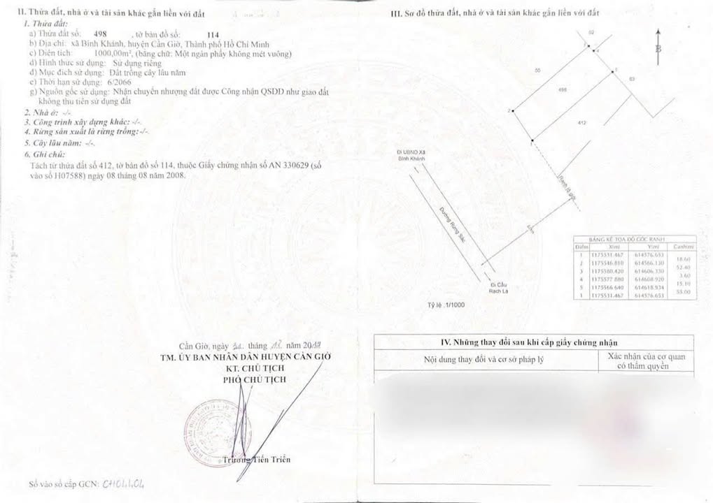 Đất cây lâu năm 1000m² xã Bình Khánh - Mặt tiền đường Rừng Sác, giá thỏa thuận