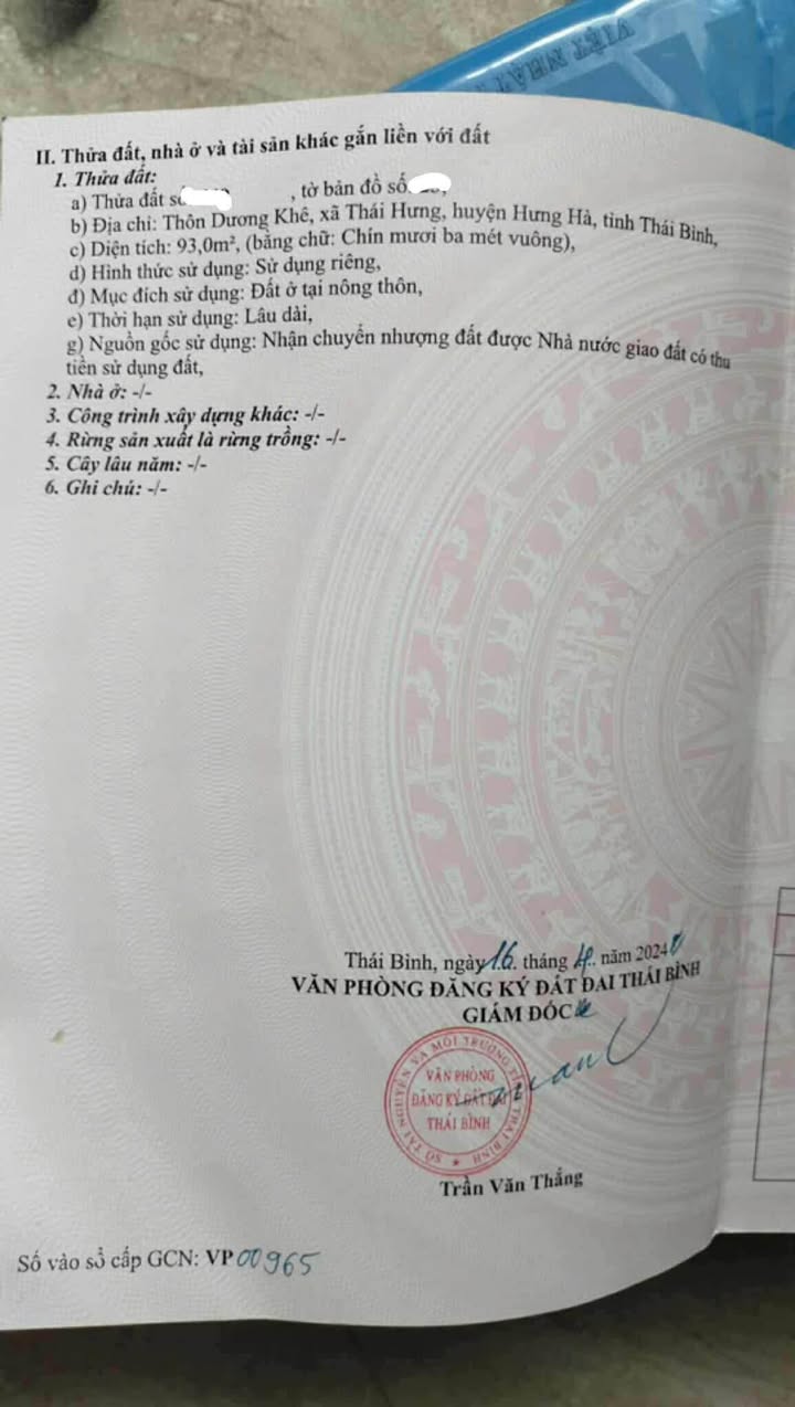 Đất thổ cư Dương Khê, Thái Hưng, 93m² - Giá thương lượng hấp dẫn!