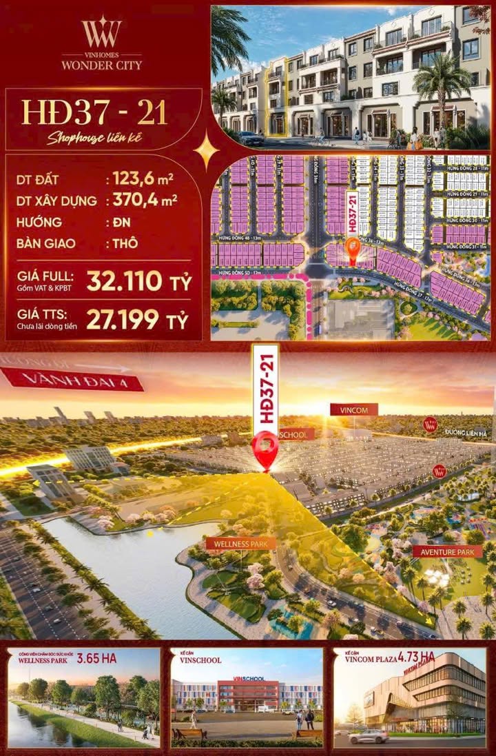 Townhouse Vin Wonder City Đan Phượng 123m² giá 44.48 tỷ - Sở hữu ngay siêu phẩm view hồ!