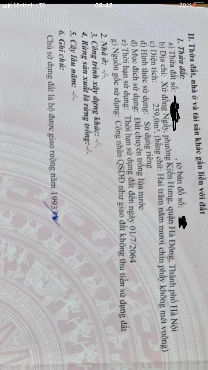 Đất nông nghiệp 260m² phường Kiến Hưng, Hà Đông - Giá tốt không thể bỏ qua!