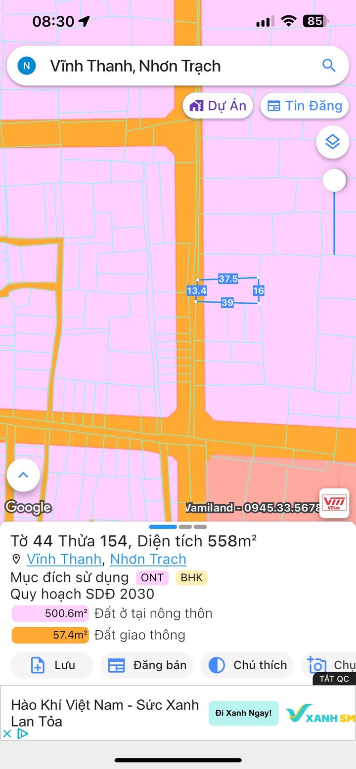 Đất nền Vĩnh Thanh Nhơn Trạch 558m² giá 4 tỷ - Đường xe tải rộng rãi!