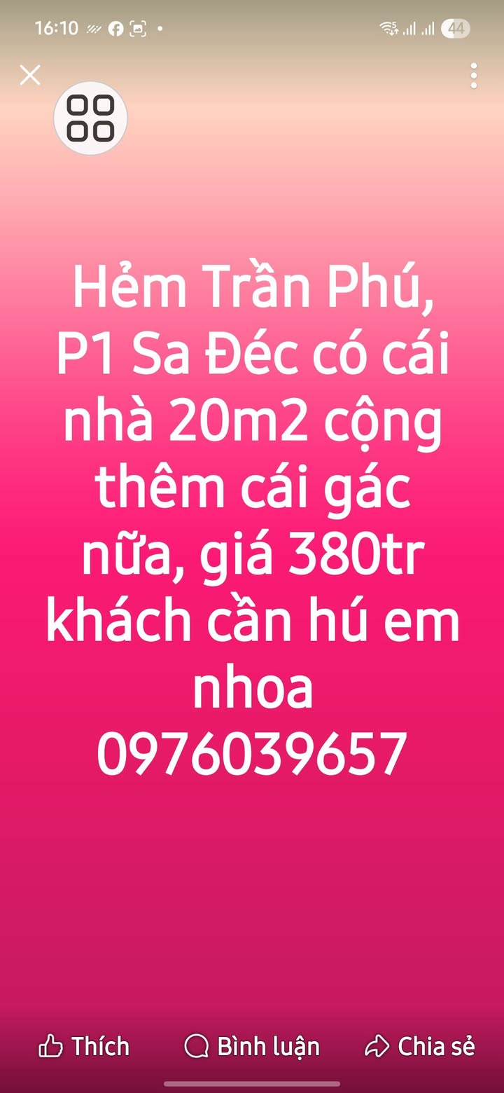 Nhà hẻm Trần Phú, P1 Sa Đéc 20m² giá 380 triệu - Cơ hội đầu tư hấp dẫn!